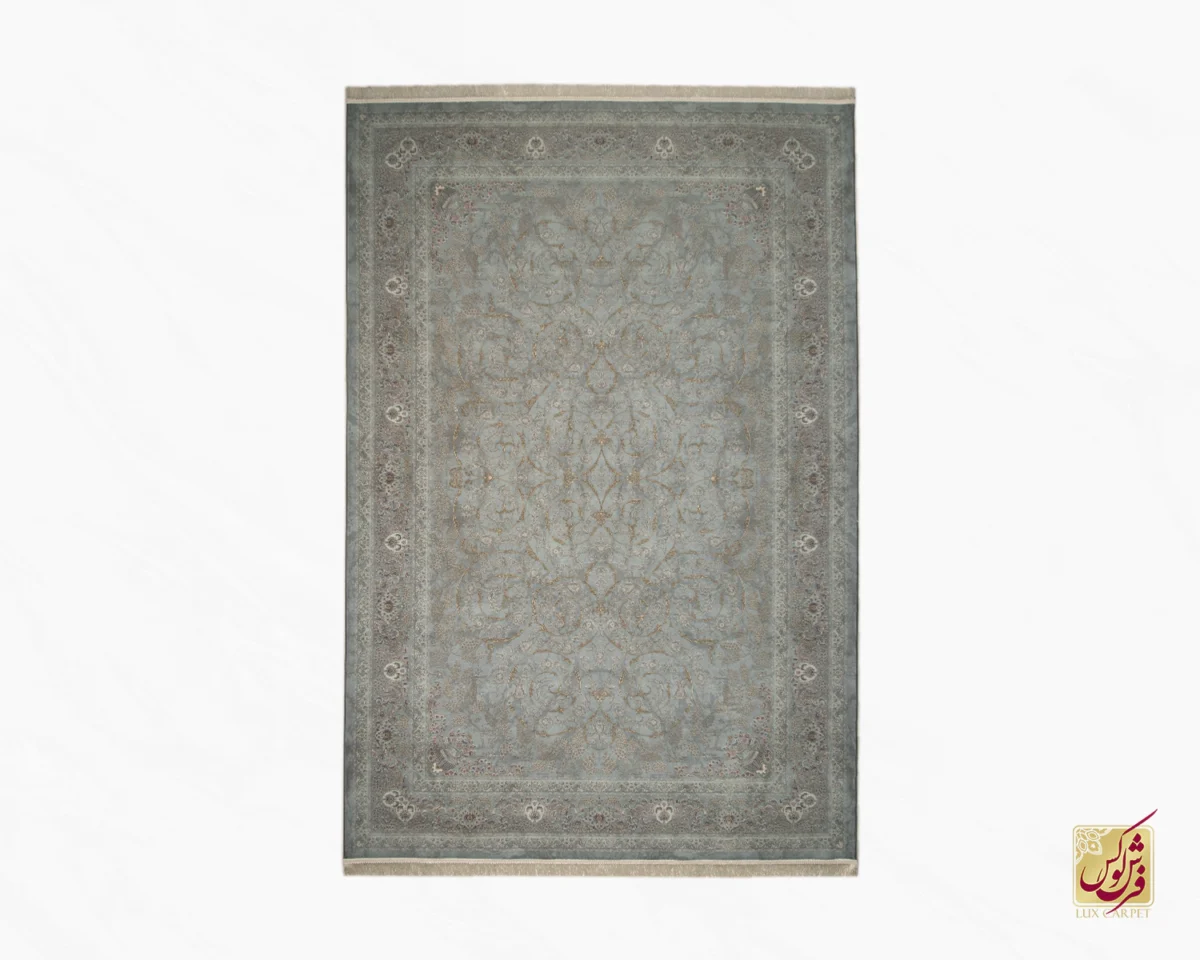 فرش ابریشم ماشینی 702550 فیروزه‌ای طلایی