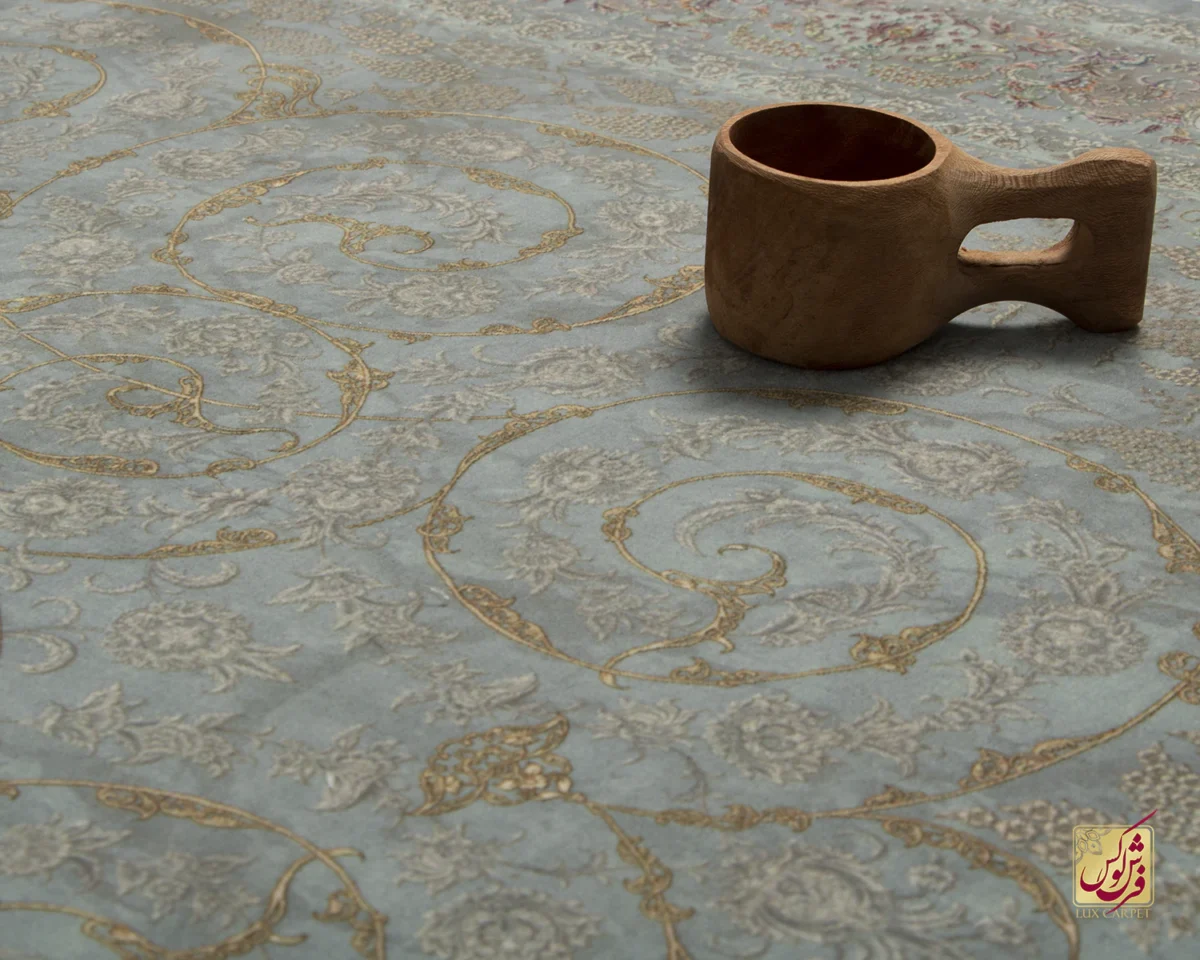 فرش ابریشم ماشینی 702550 فیروزه‌ای طلایی