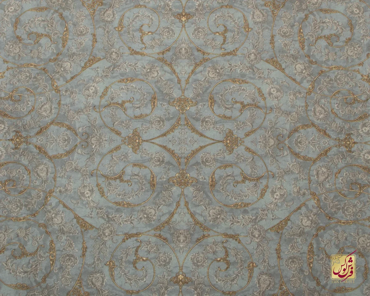 فرش ابریشم ماشینی 702550 فیروزه‌ای طلایی