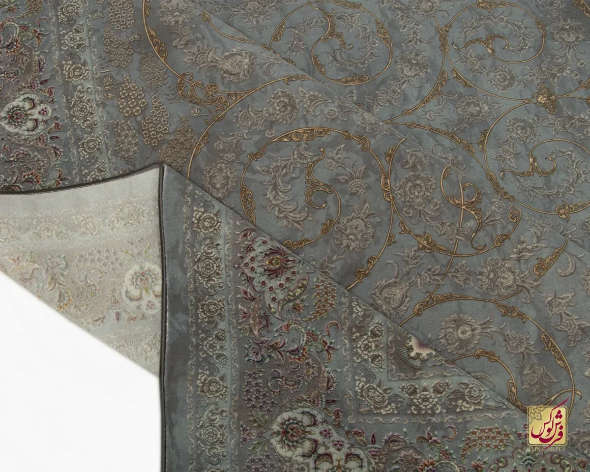 فرش ابریشم ماشینی 702550 فیروزه‌ای طلایی