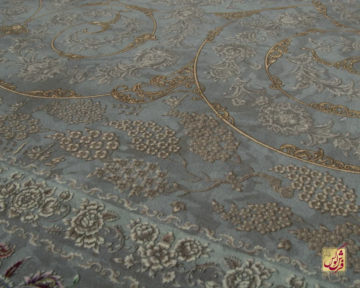 فرش ابریشم ماشینی 702550 فیروزه‌ای طلایی