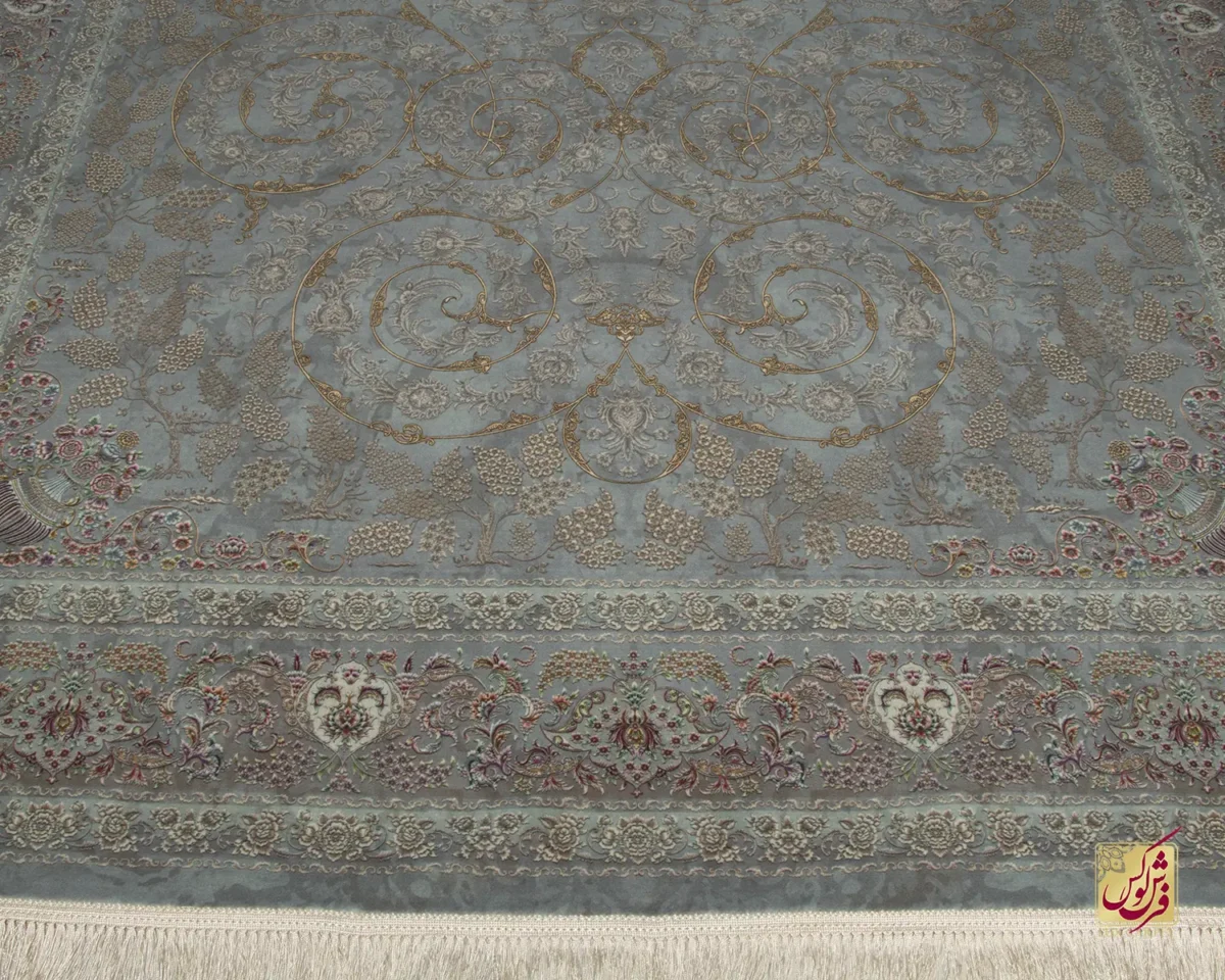 فرش ابریشم ماشینی 702550 فیروزه‌ای طلایی