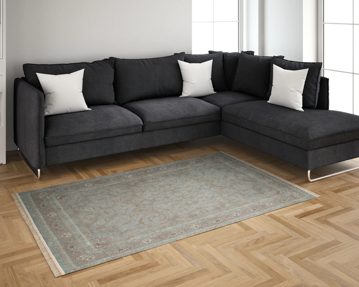 فرش ابریشم ماشینی 702550 فیروزه‌ای طلایی