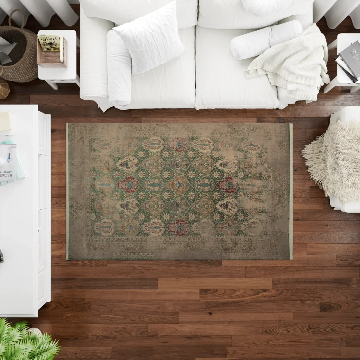 فرش وینتیج HR 186 نسکافه‌ای سبز