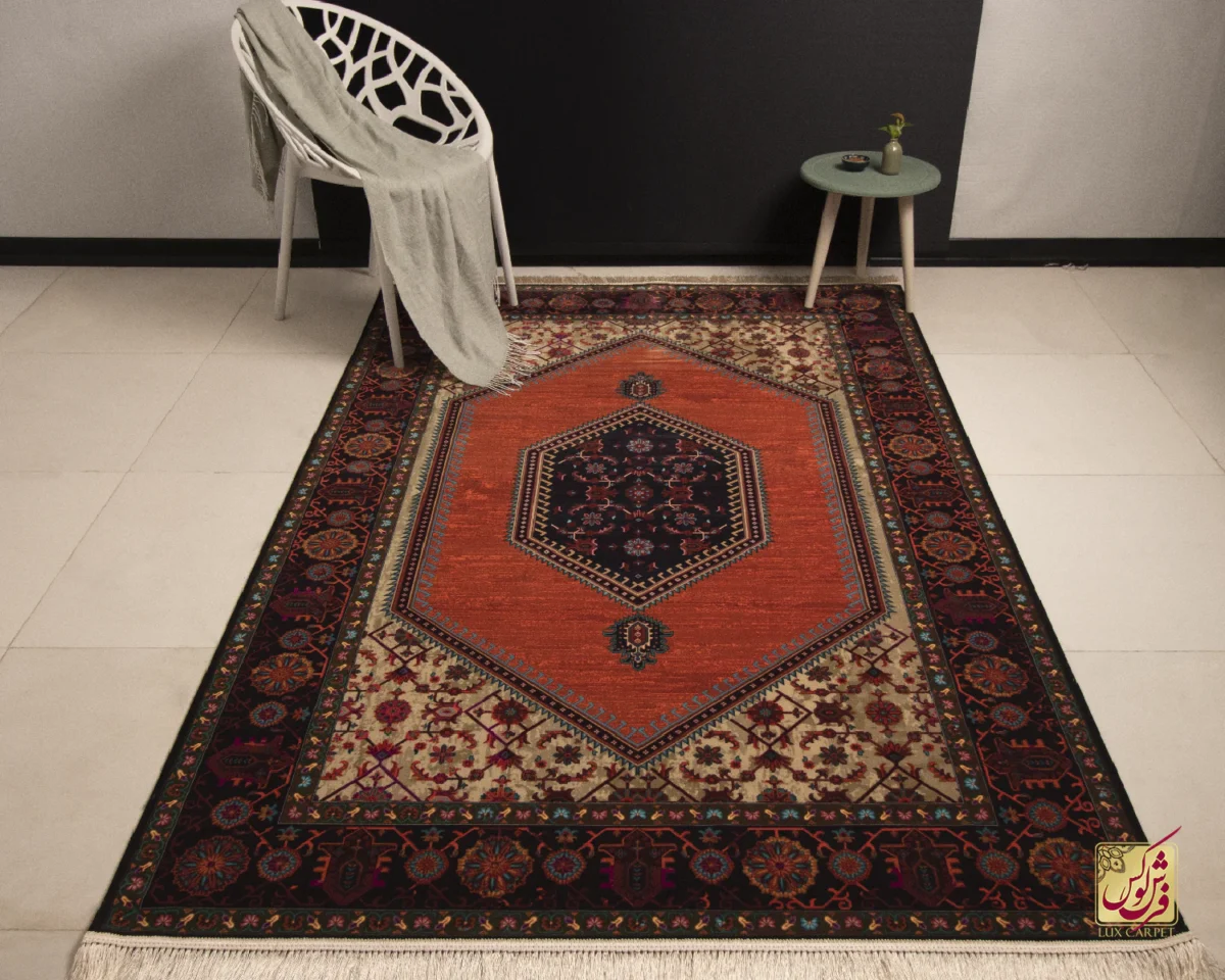 210303-1 فرش ابریشم ماشینی 210303 نارنجی مشکی