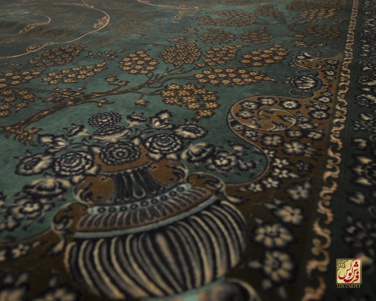 فرش ابریشم ماشینی 702556 سبز طلایی