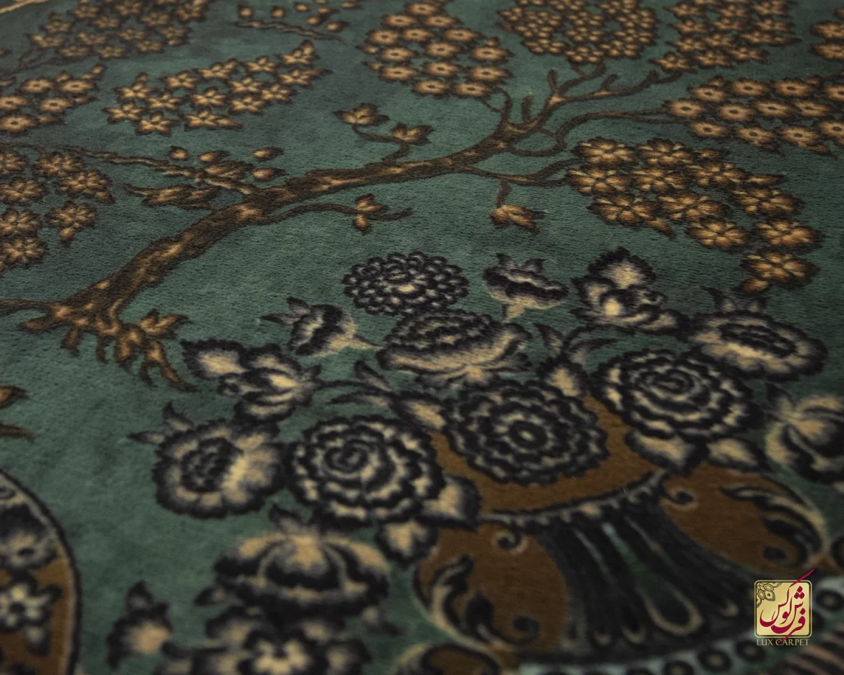 فرش ابریشم ماشینی 702556 سبز طلایی