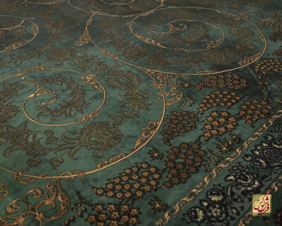 فرش ابریشم ماشینی 702556 سبز طلایی