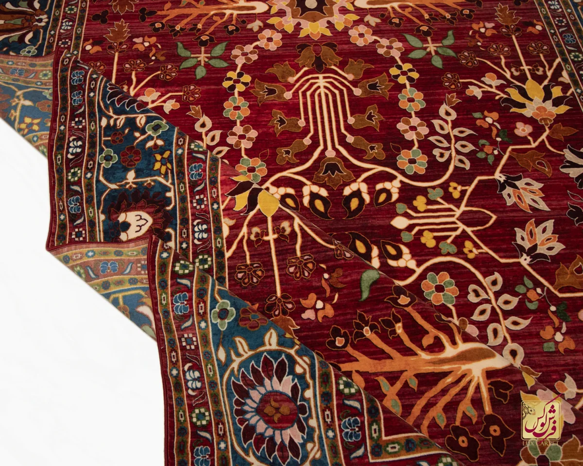 فرش ابریشم ماشینی 730301 قرمز آبی