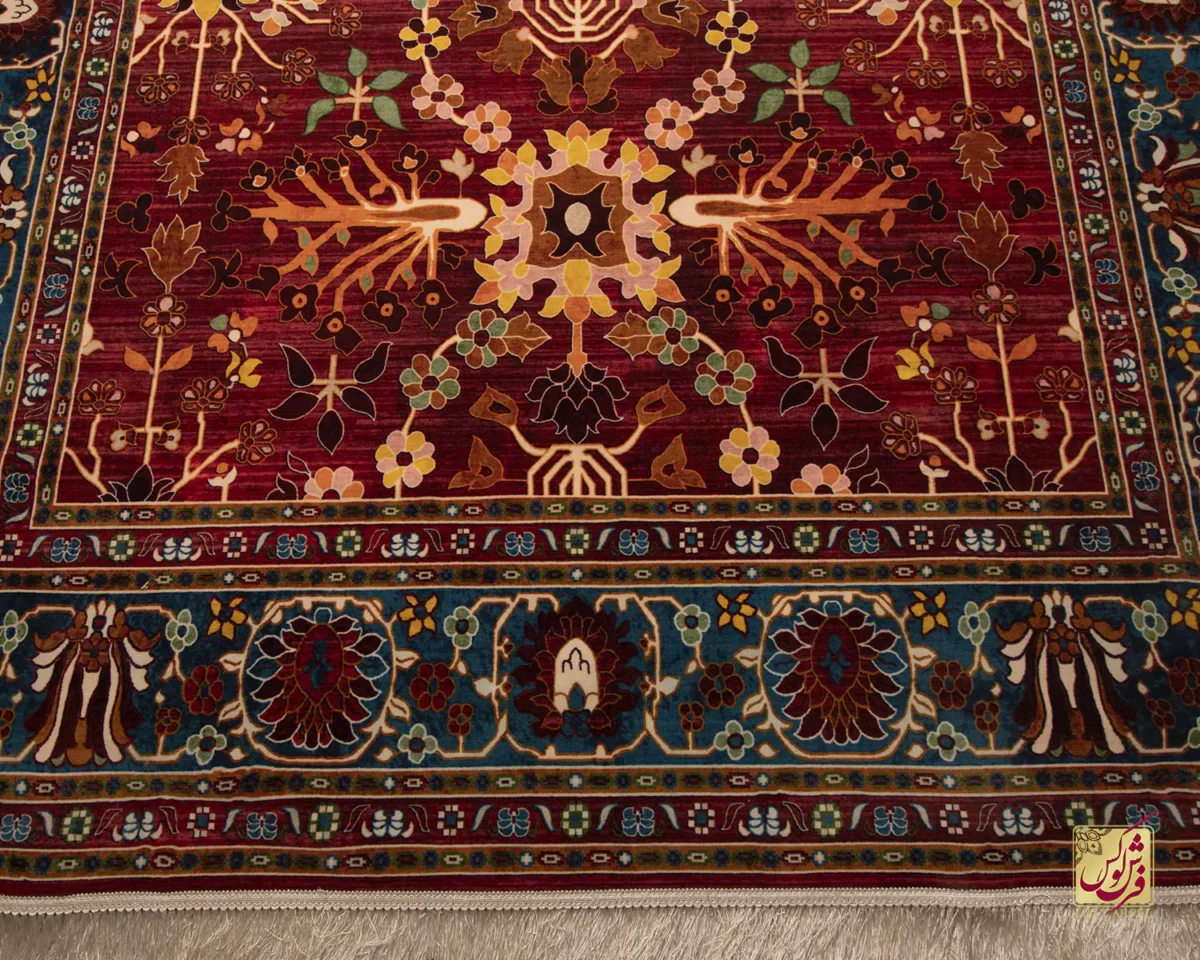 فرش ابریشم ماشینی 730301 قرمز آبی