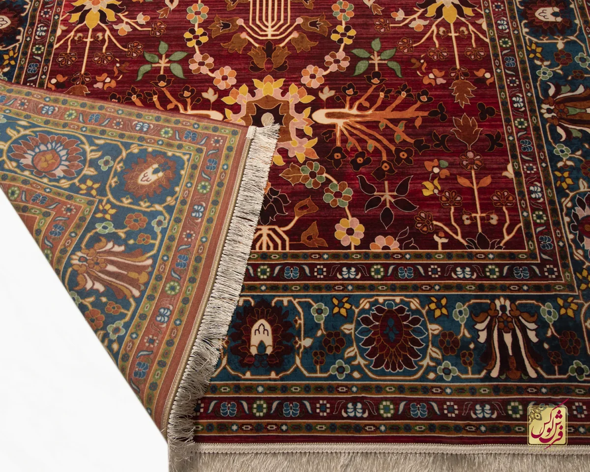 فرش ابریشم ماشینی 730301 قرمز آبی