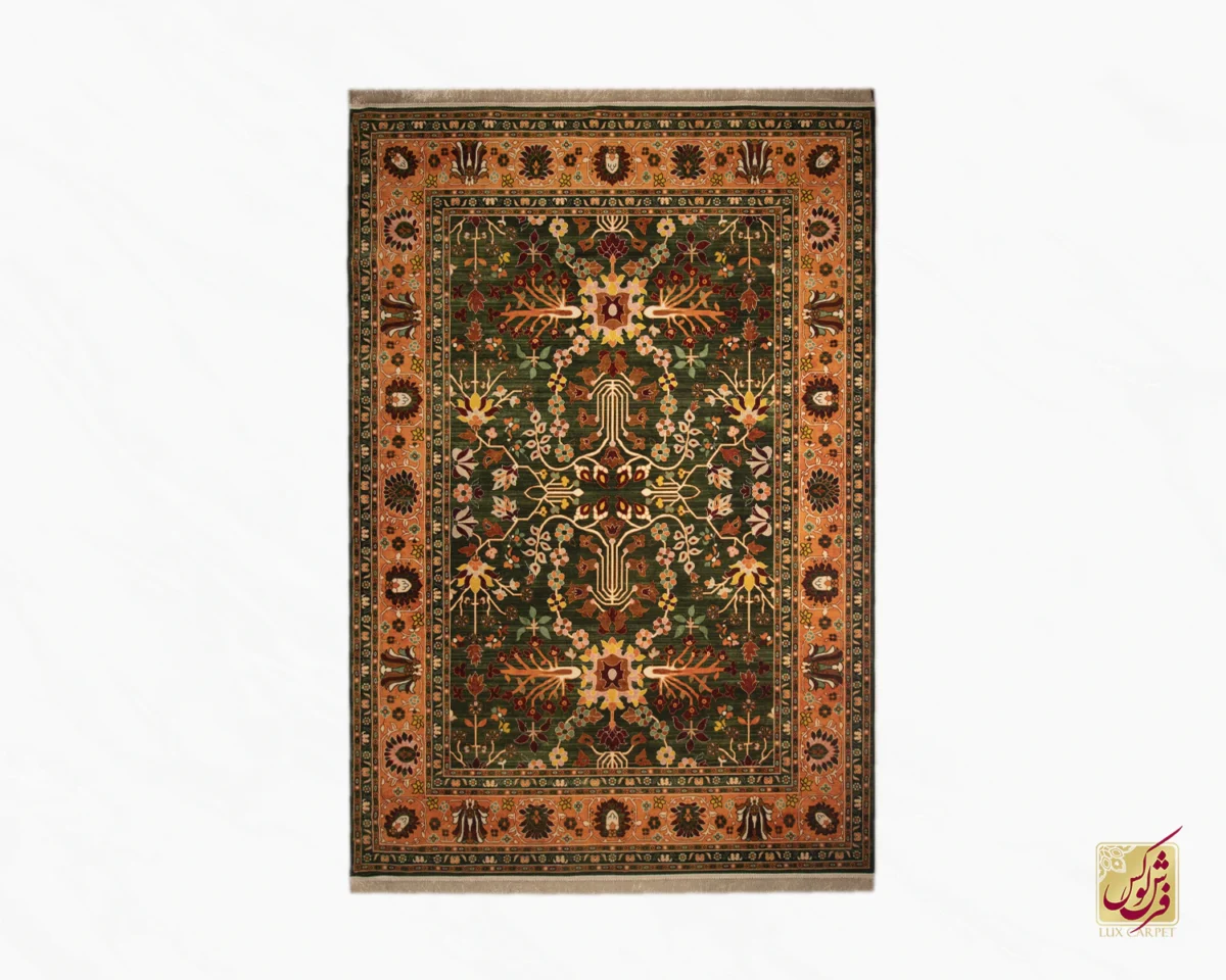 730302-0 فرش ابریشم ماشینی 730302 سبز نارنجی