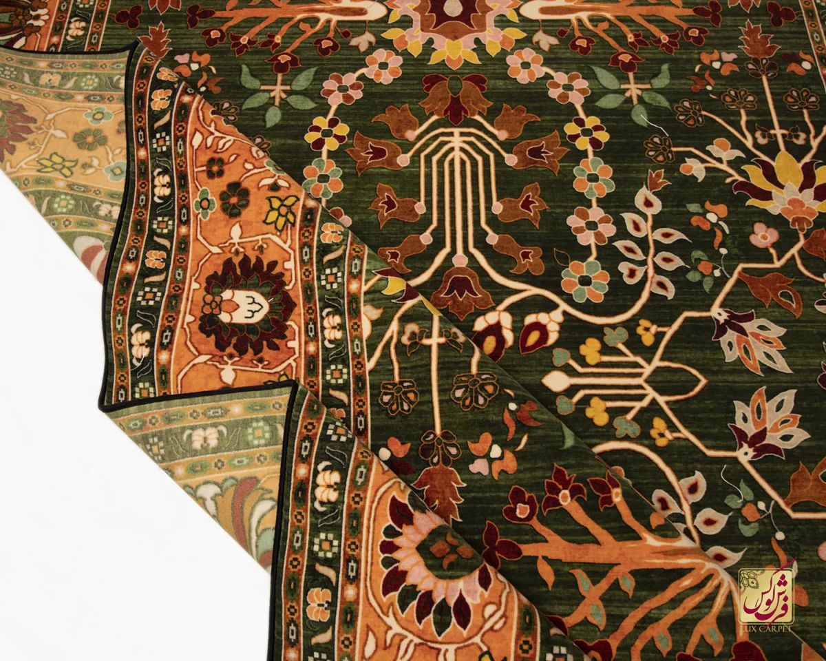 فرش ابریشم ماشینی 730302 سبز نارنجی