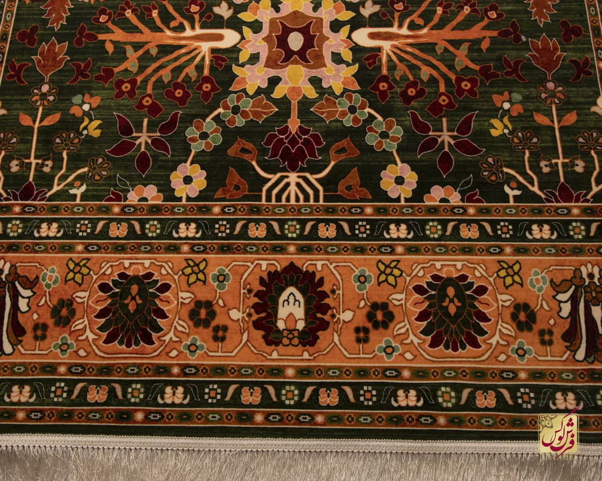 فرش ابریشم ماشینی 730302 سبز نارنجی