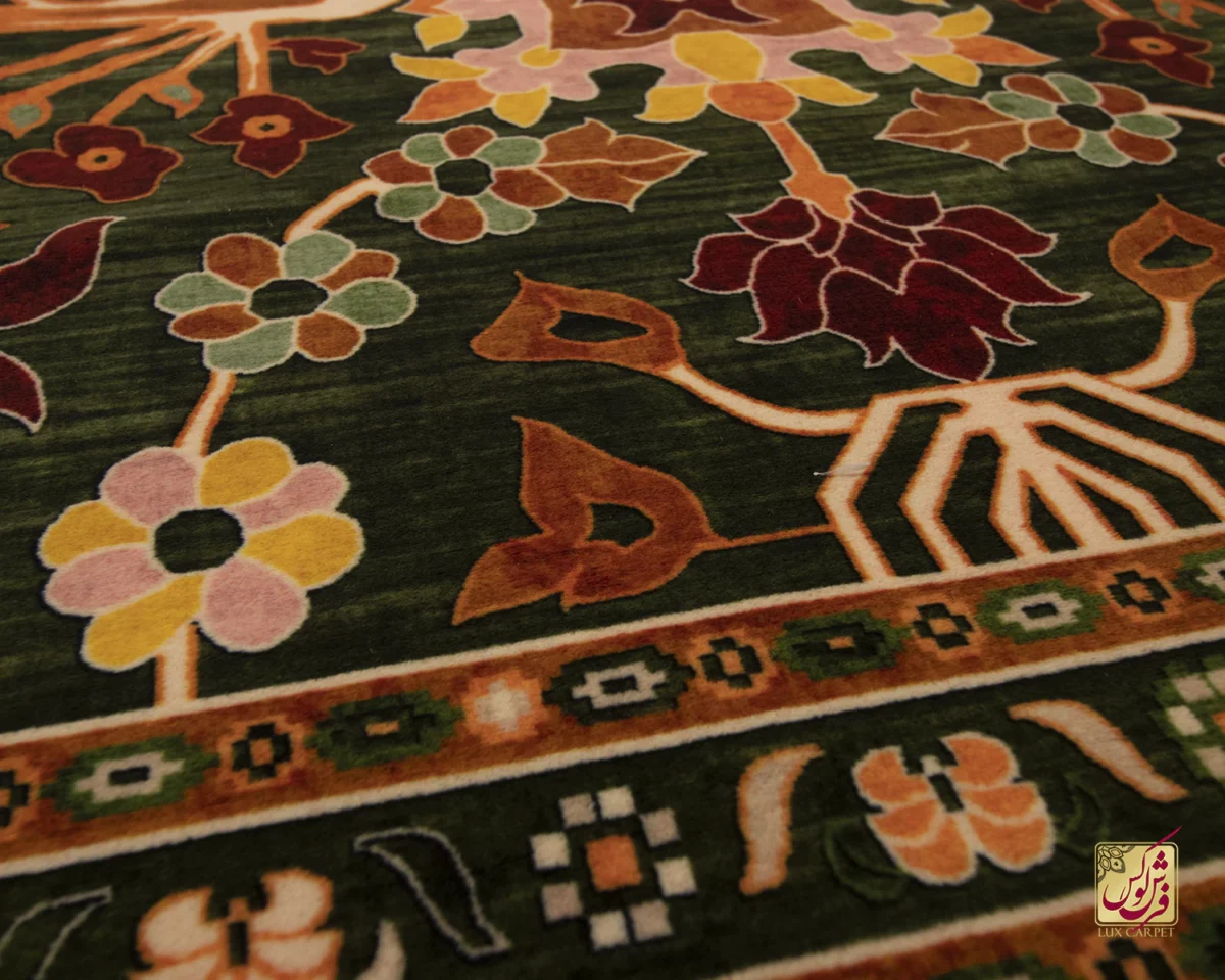 فرش ابریشم ماشینی 730302 سبز نارنجی