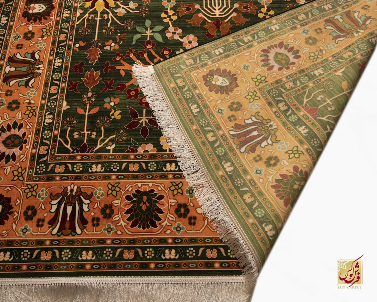 فرش ابریشم ماشینی 730302 سبز نارنجی