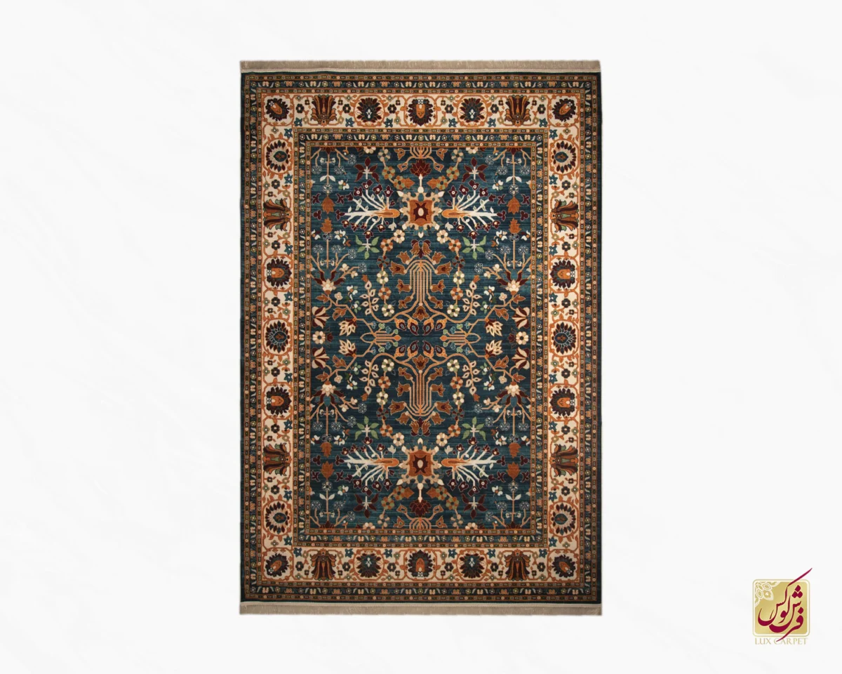 730303-0 فرش ابریشم ماشینی 730303 آبی کرم