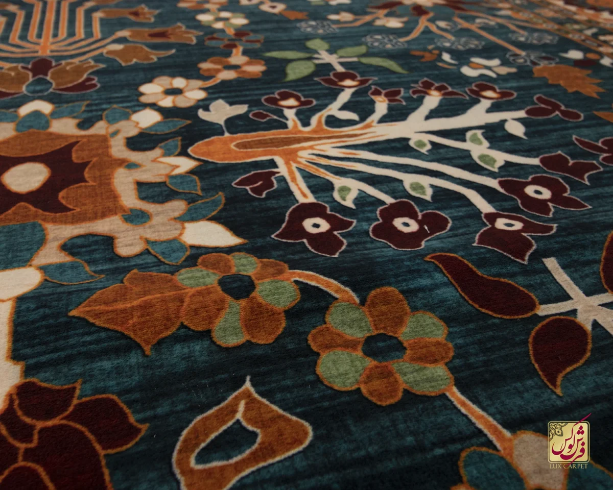 فرش ابریشم ماشینی 730303 آبی کرم