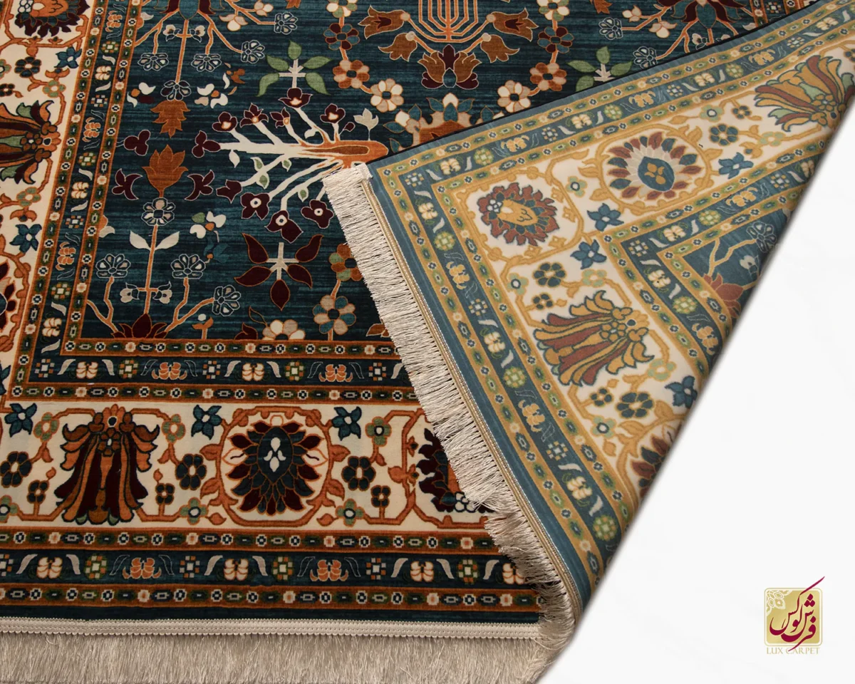 فرش ابریشم ماشینی 730303 آبی کرم