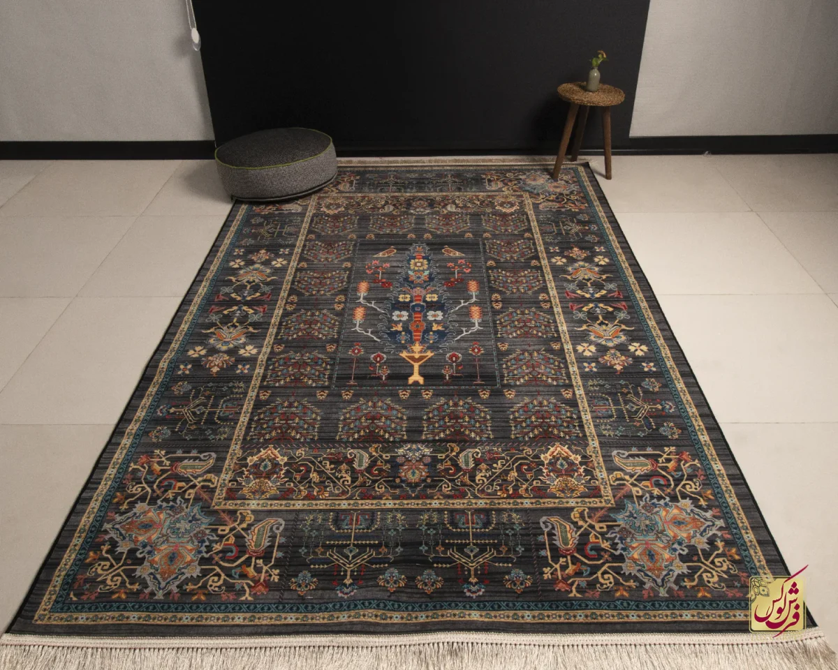 730601-1 فرش ابریشم ماشینی 730601 ذغالی