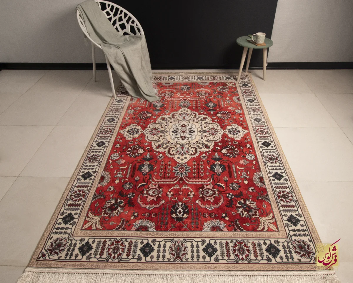 743104-1 فرش ابریشم ماشینی 743104 قرمز کرم