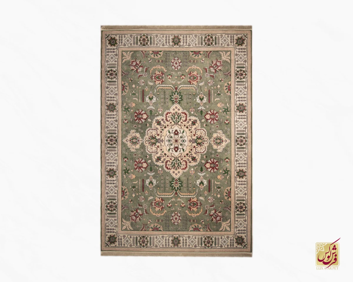 فرش ابریشم ماشینی 743106 سبز کرم