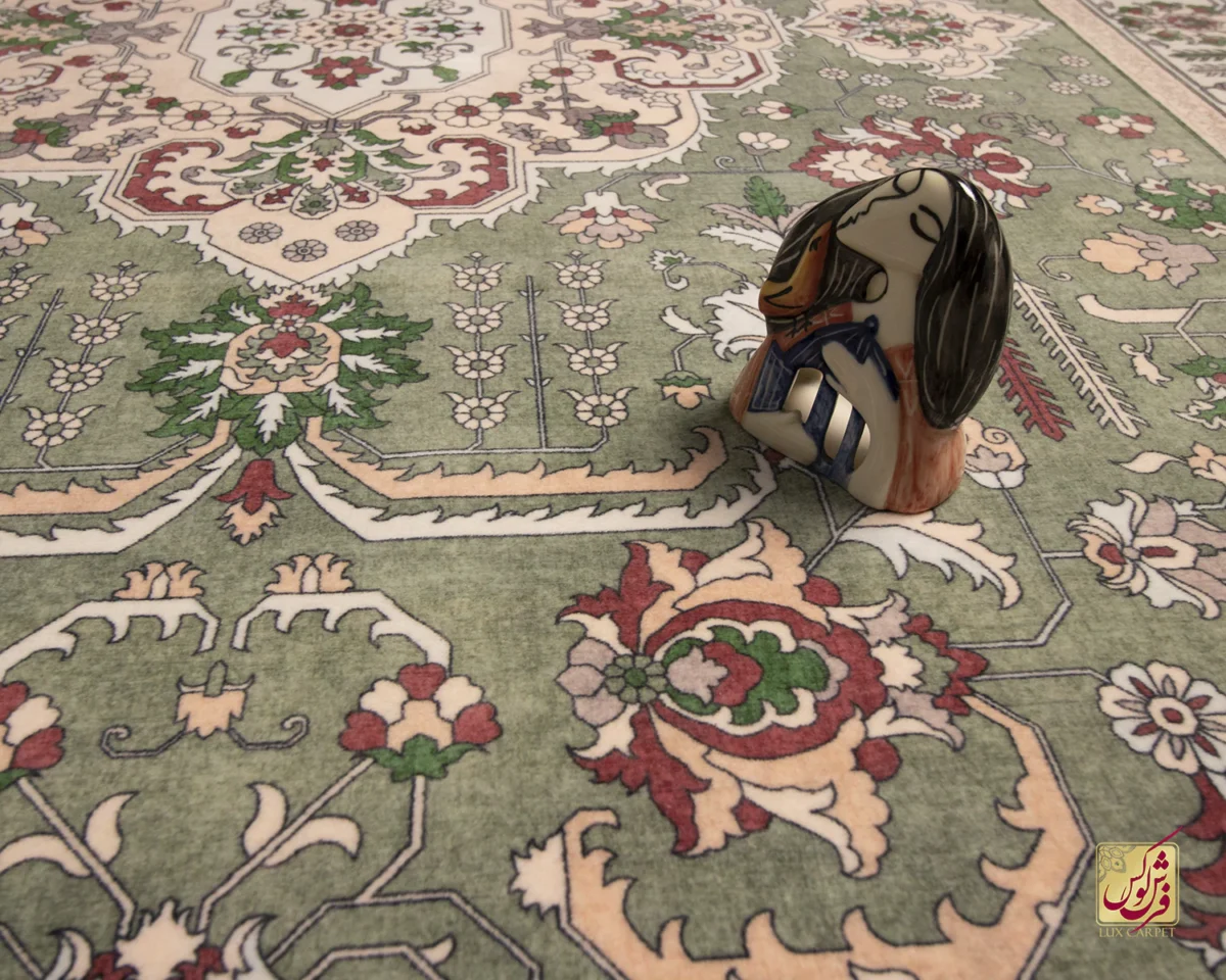 فرش ابریشم ماشینی 743106 سبز کرم