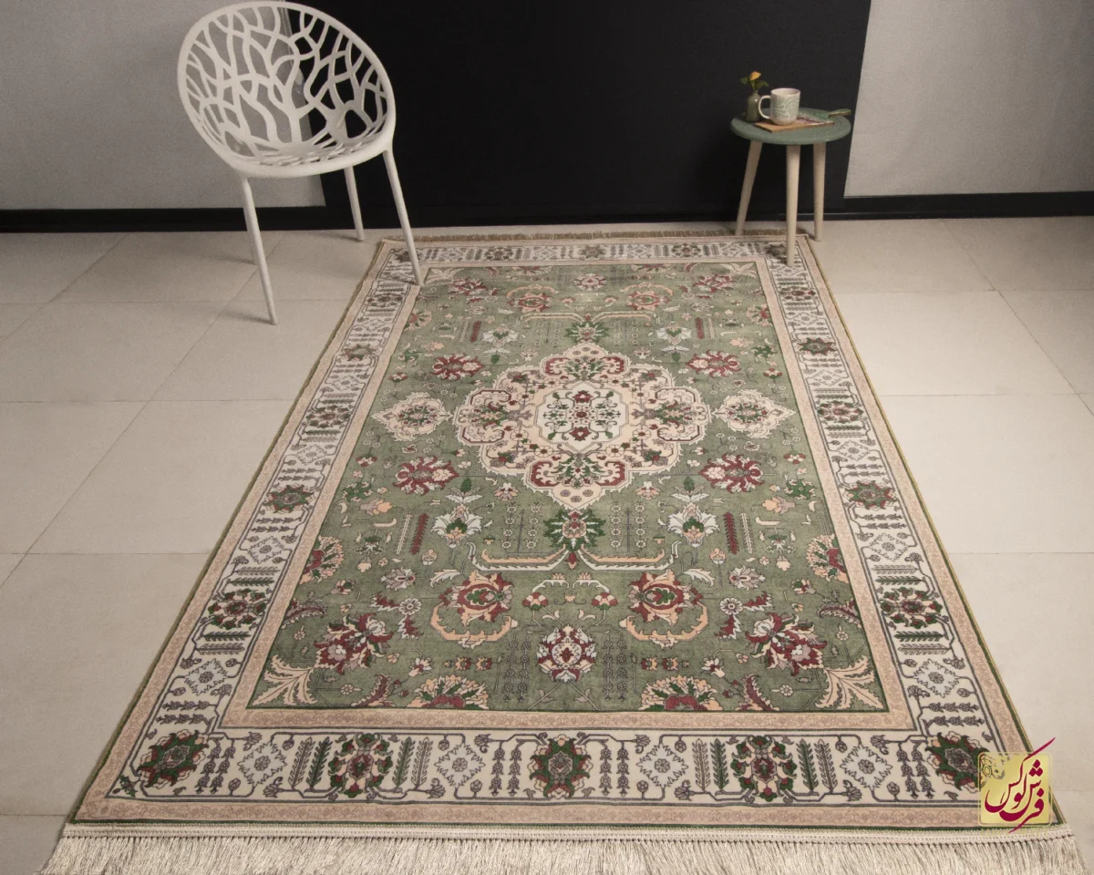 743106-2 فرش ابریشم ماشینی 743106 سبز کرم