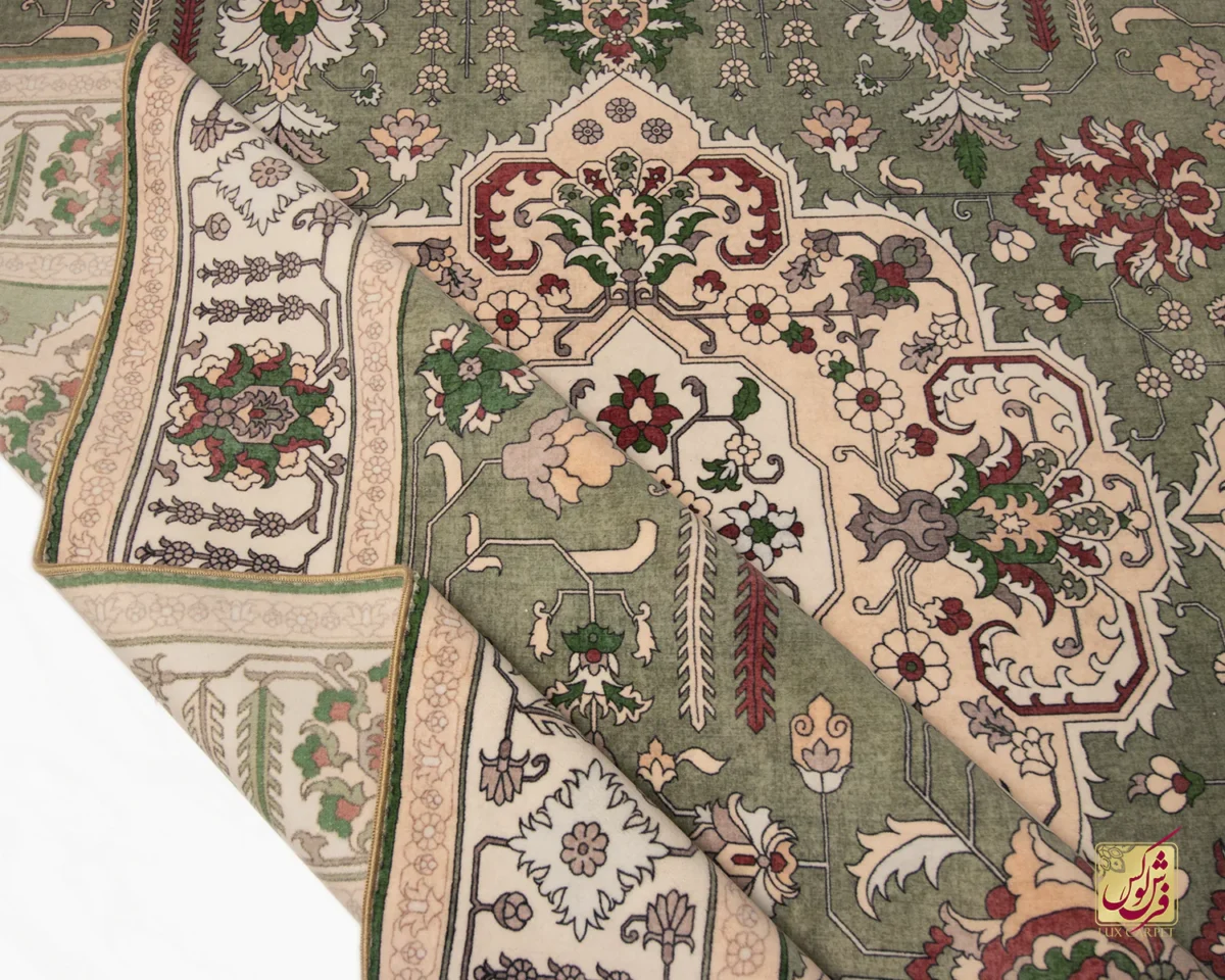 فرش ابریشم ماشینی 743106 سبز کرم