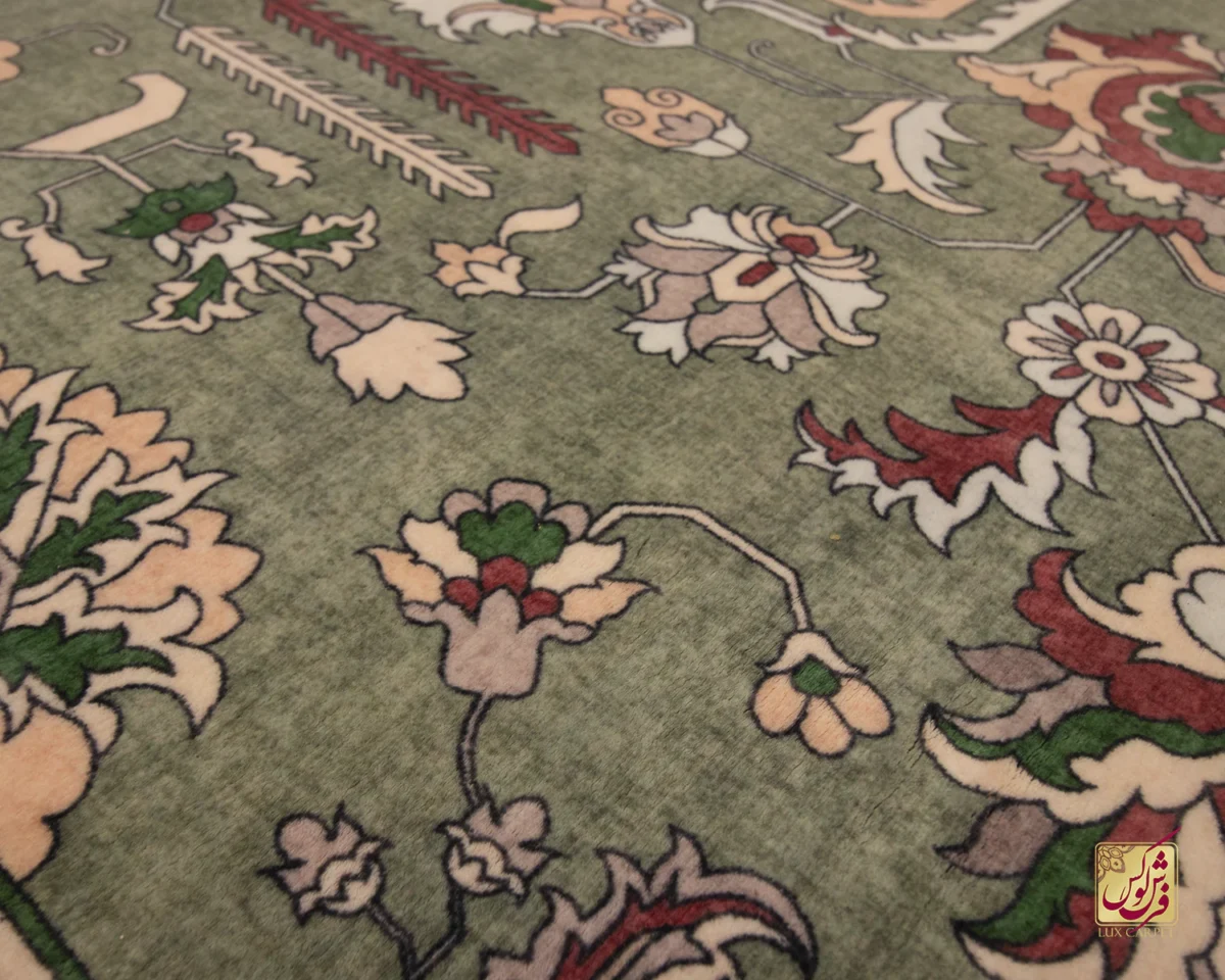 فرش ابریشم ماشینی 743106 سبز کرم