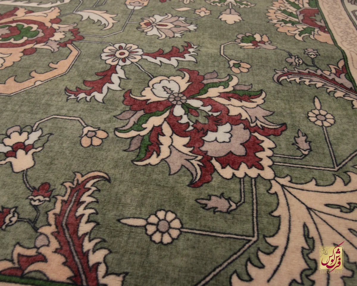 فرش ابریشم ماشینی 743106 سبز کرم