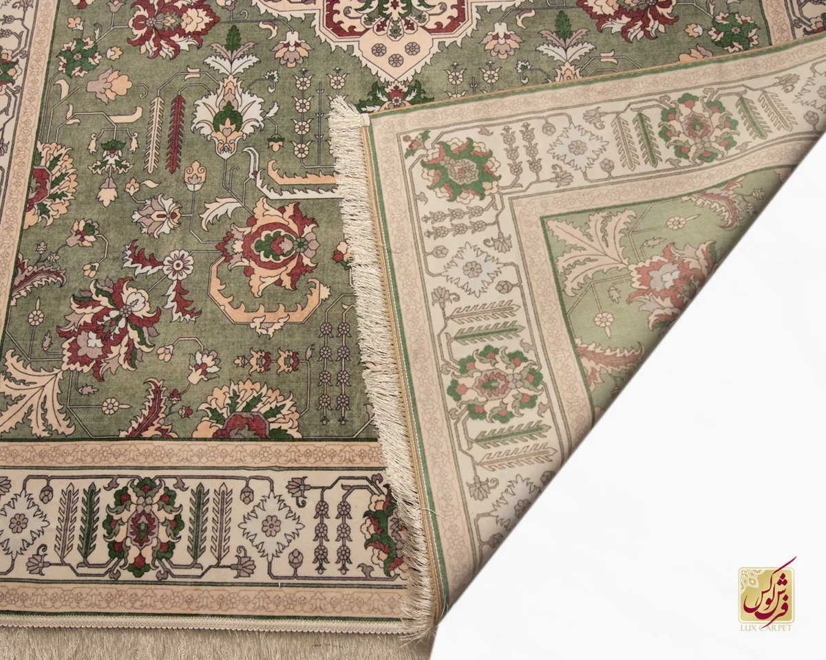 فرش ابریشم ماشینی 743106 سبز کرم
