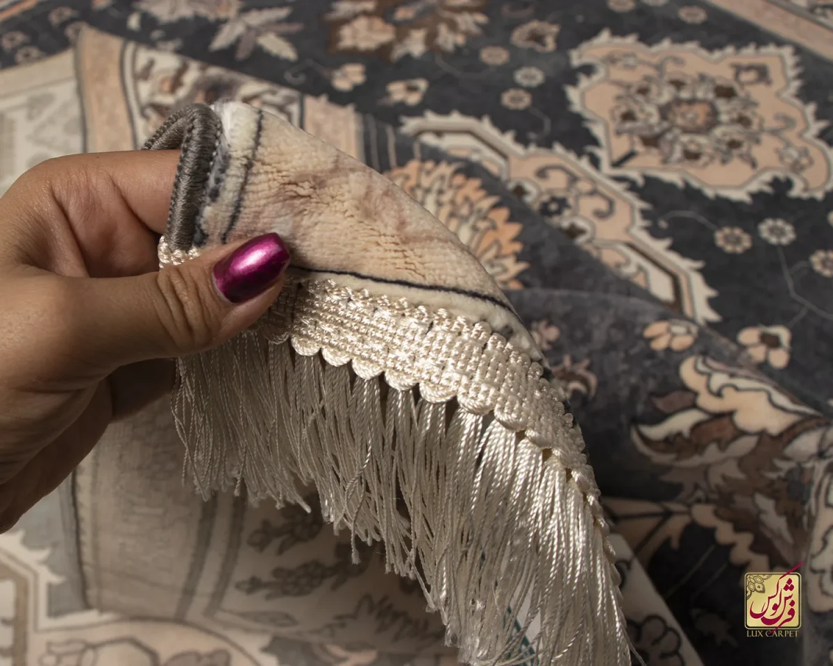 فرش ابریشم ماشینی 723107 طوسی کرم - تصویر 3