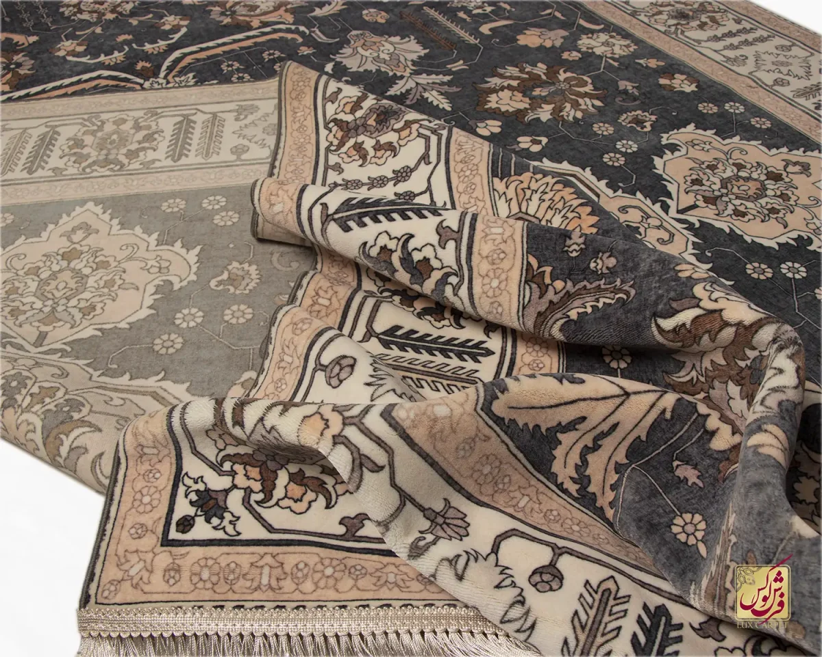 فرش ابریشم ماشینی 723107 طوسی کرم