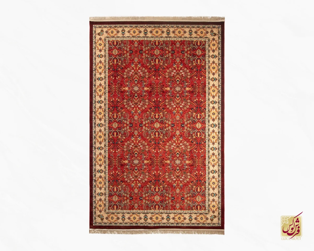 فرش ابریشم ماشینی 202738 لاکی حاشیه کرم