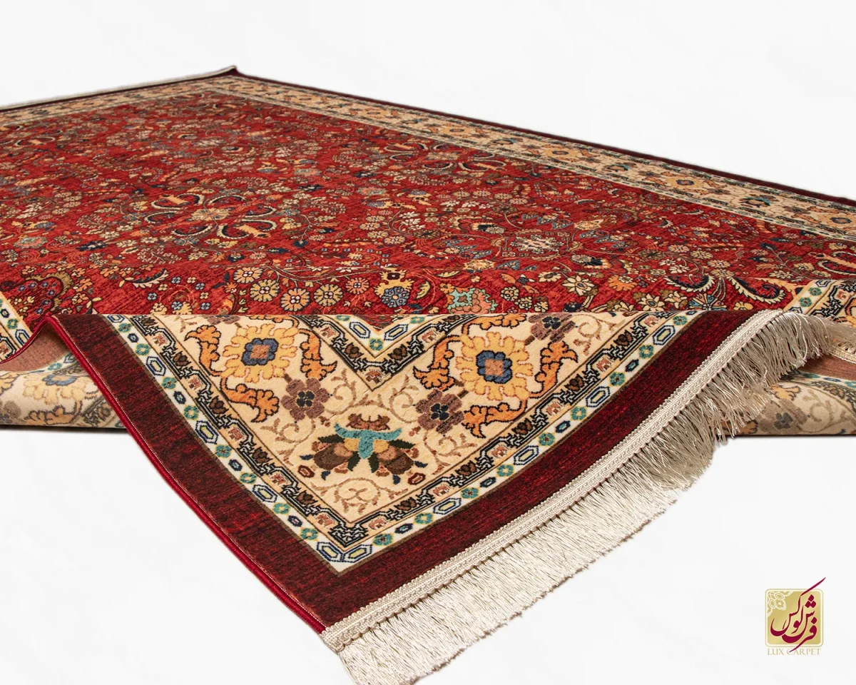 فرش ابریشم ماشینی 202738 لاکی حاشیه کرم