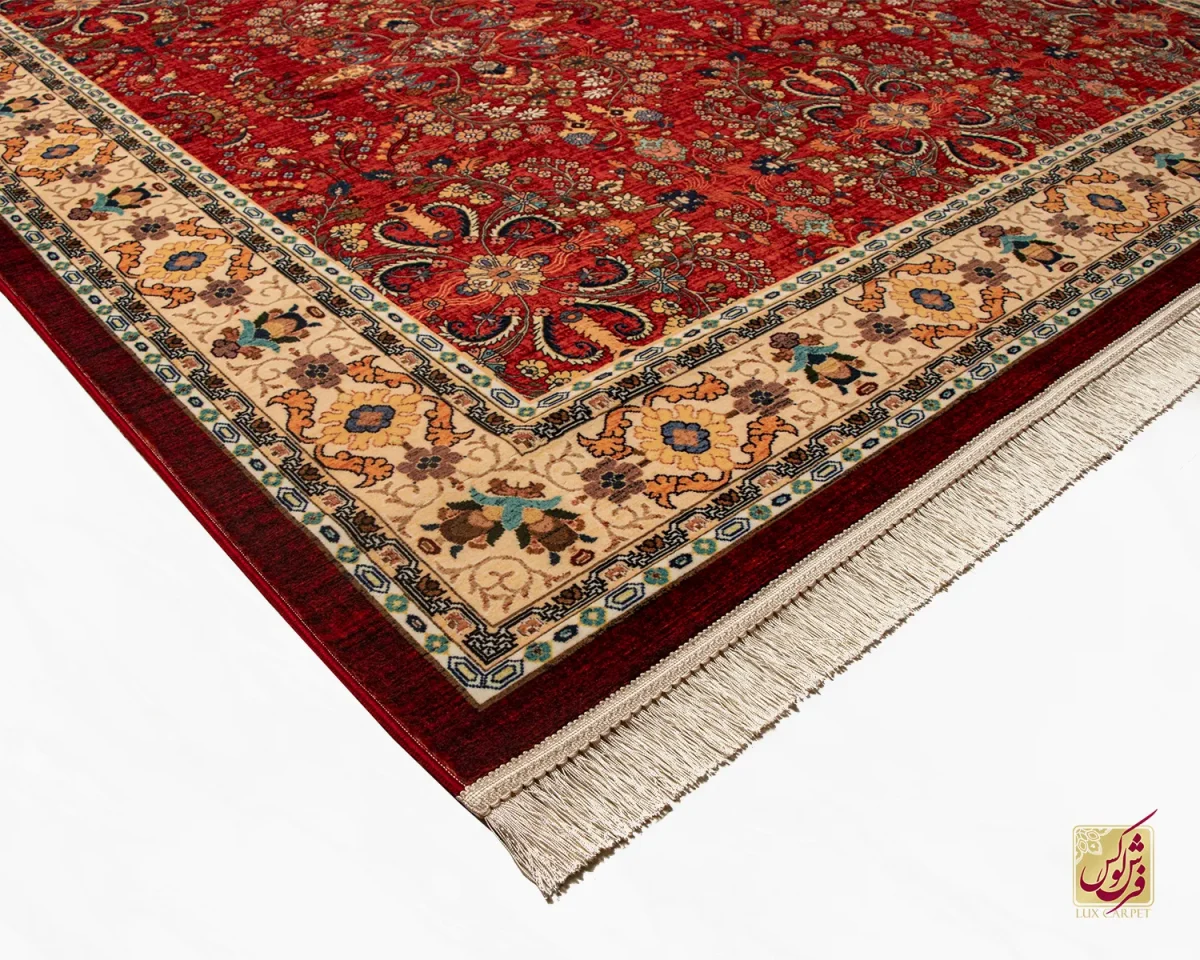 فرش ابریشم ماشینی 202738 لاکی حاشیه کرم