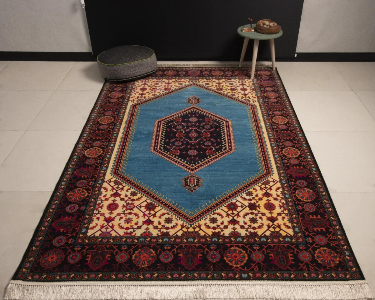 210309-1 فرش ابریشم ماشینی 210309 آبی مشکی