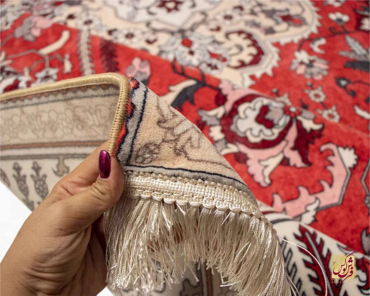 فرش ابریشم ماشینی 723104 قرمز کرم