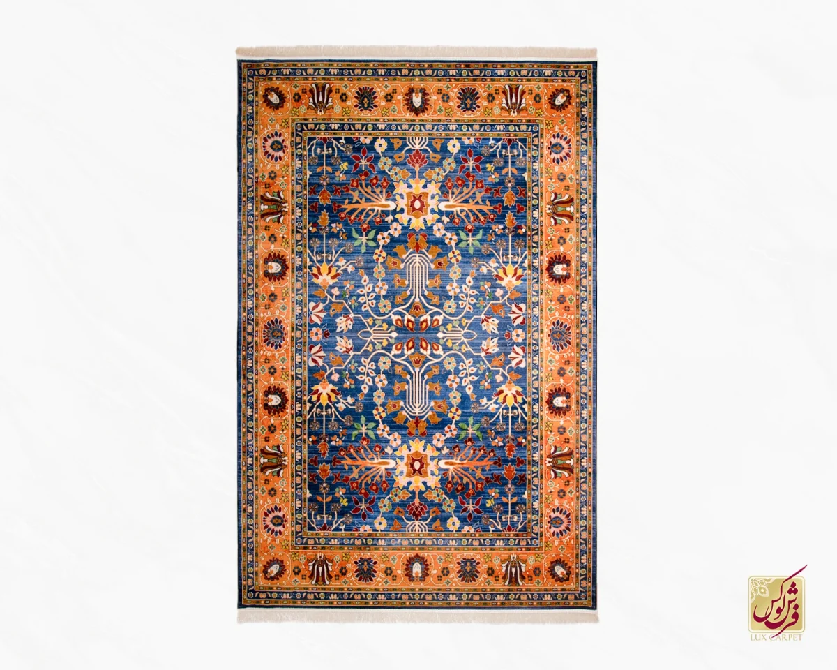 730300-0 فرش ابریشم ماشینی 730300 آبی حاشیه آجری