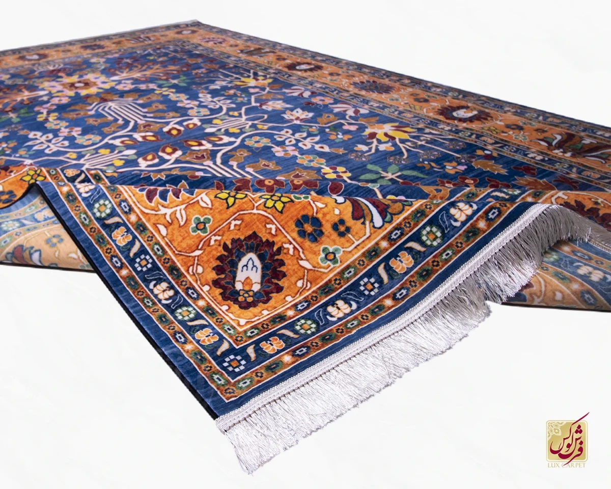 فرش ابریشم ماشینی 730300 آبی حاشیه آجری