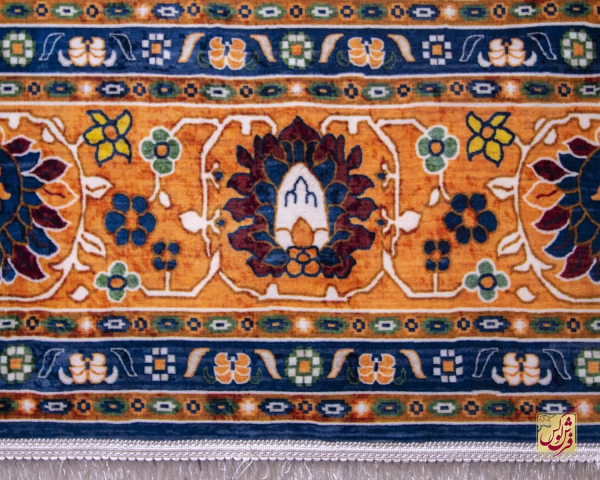 فرش ابریشم ماشینی 730300 آبی حاشیه آجری