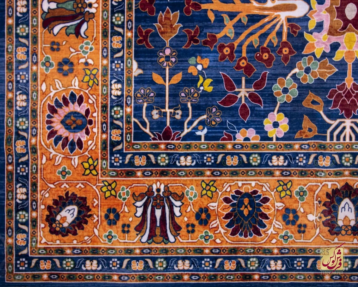 فرش ابریشم ماشینی 730300 آبی حاشیه آجری