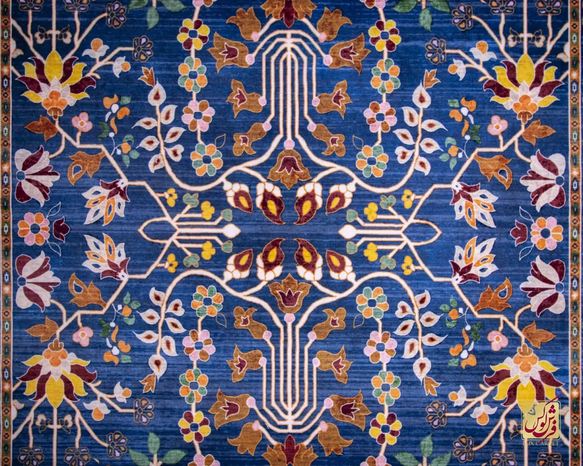 فرش ابریشم ماشینی 730300 آبی حاشیه آجری