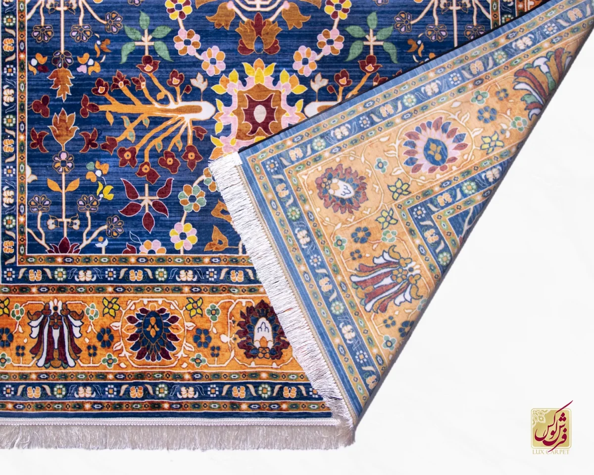 فرش ابریشم ماشینی 730300 آبی حاشیه آجری