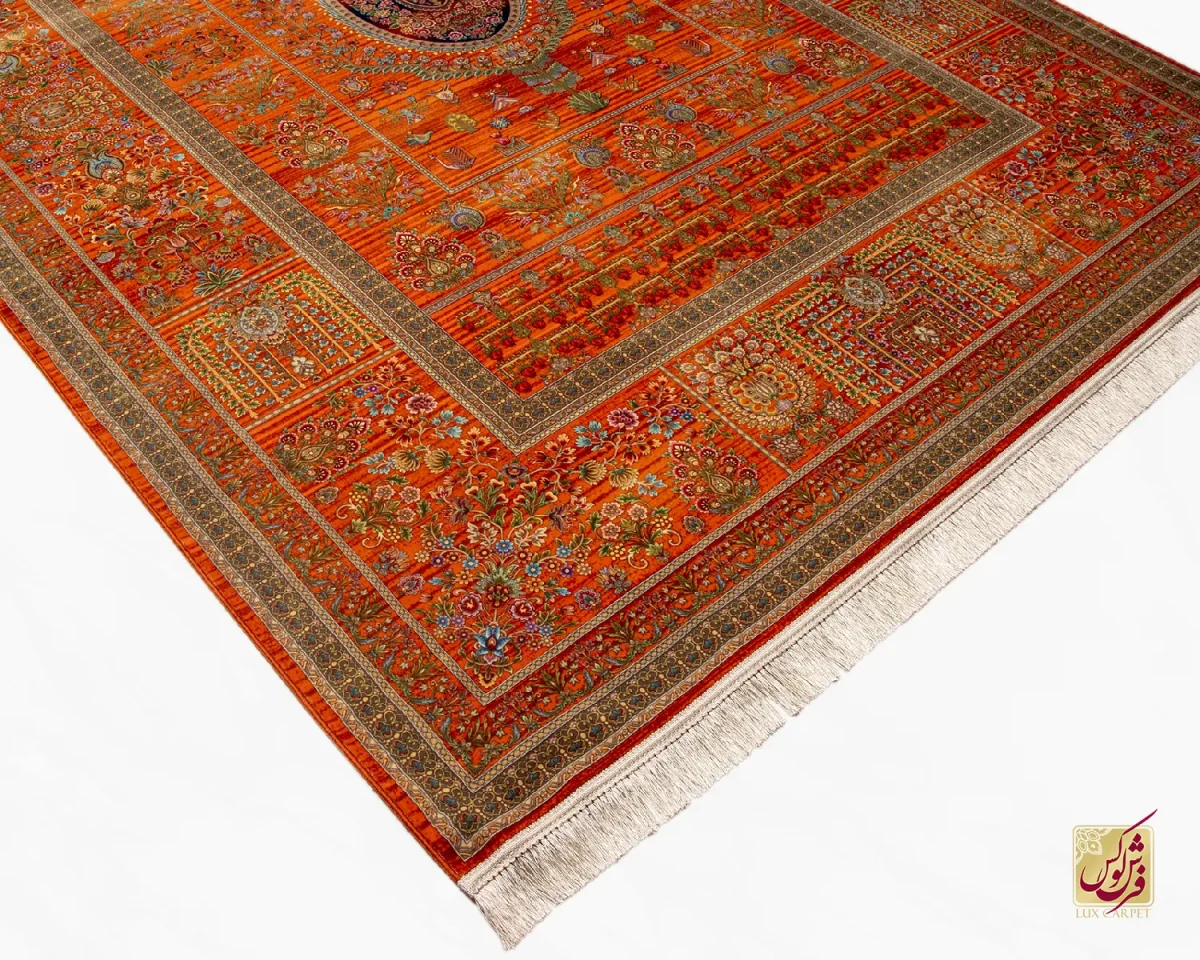 فرش ابریشم ماشینی 730901 نارنجی تمام رنگ