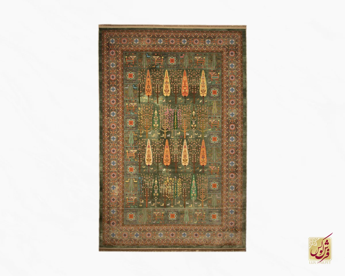 فرش ابریشم ماشینی T1049 سبز نارنجی