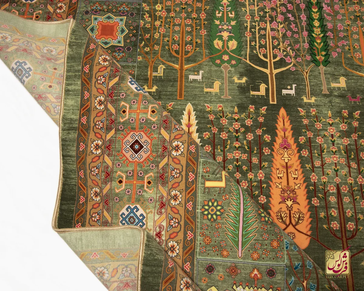 فرش ابریشم ماشینی T1049 سبز نارنجی