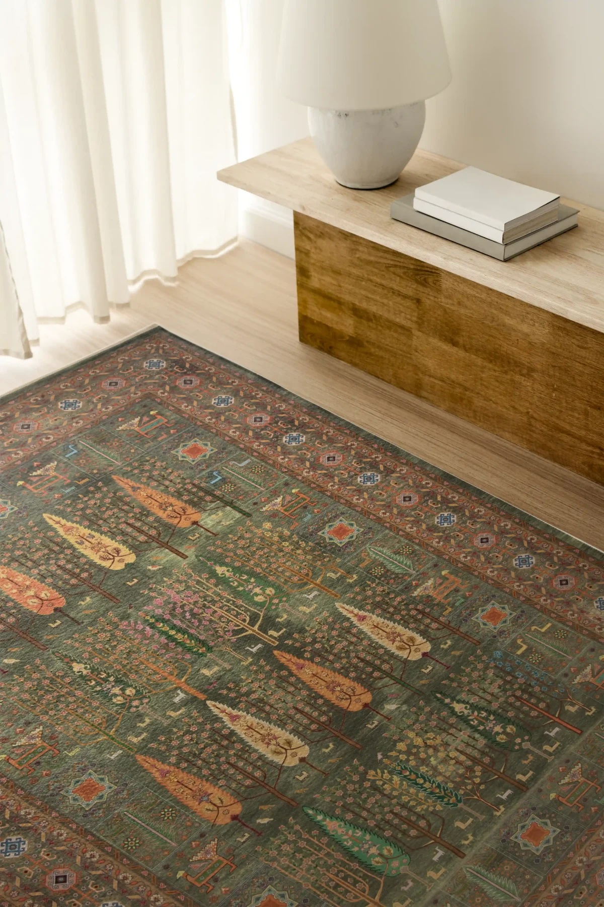 فرش ابریشم ماشینی T1049 سبز نارنجی