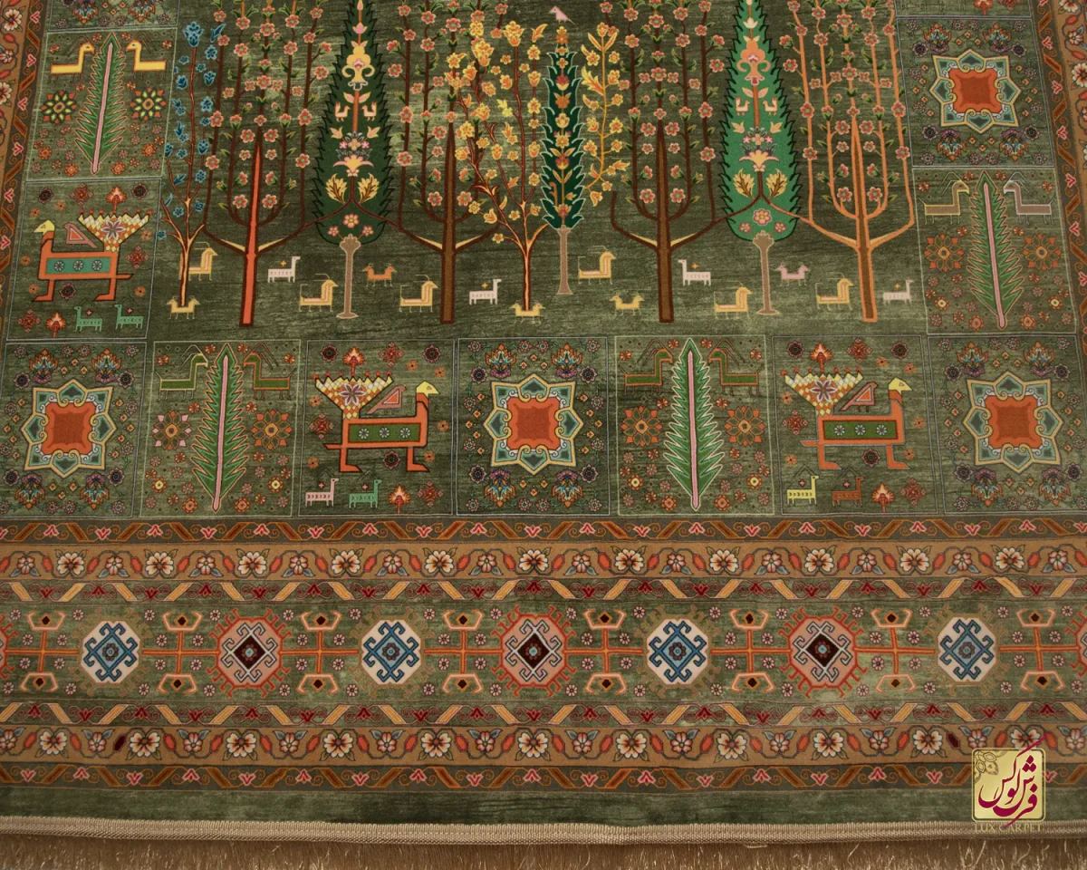 فرش ابریشم ماشینی T1049 سبز نارنجی